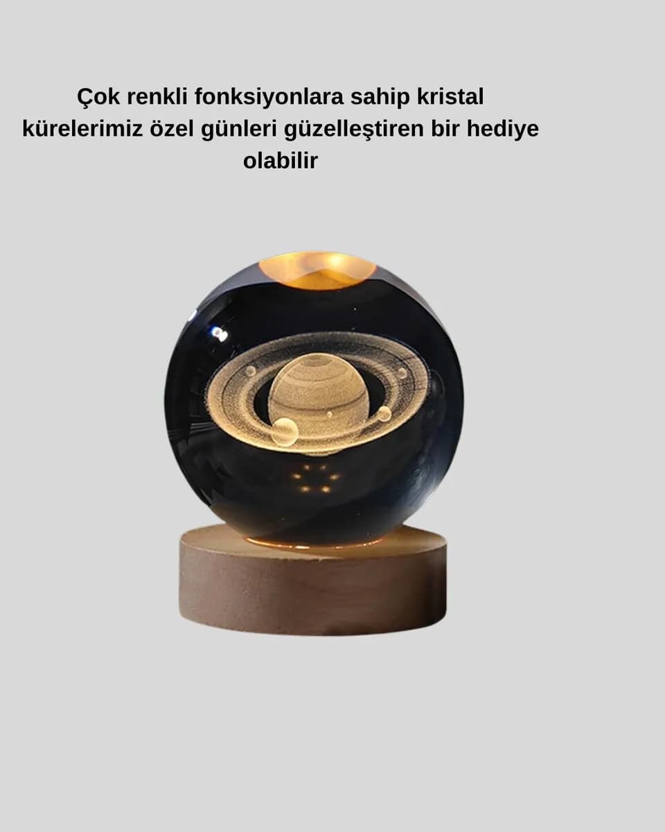 Satürn Gezegenli Kristal Küre LED Lamba USB’li Ahşap Standlı — fotoğraf 1