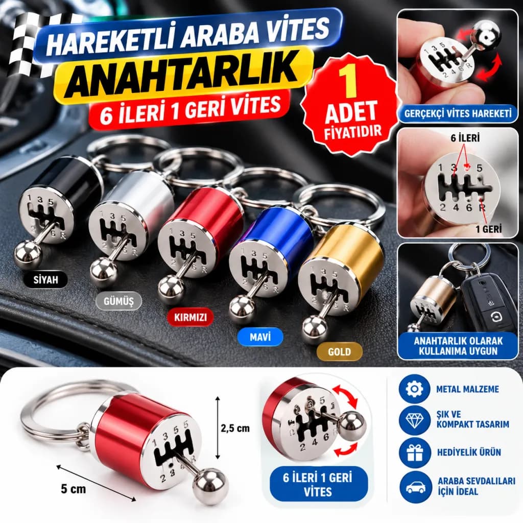 Hareketli Araba Vites Anahtarlık Altı Hız Manuel Vites Dişli Shifter Topuzu Metal Anahtarlık — fotoğraf 1
