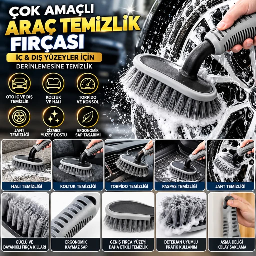Çok Amaçlı Araç Temizlik Fırçası – Oto İç ve Dış Yüzeyler, Koltuk, Halı, Torpido ve Jant İçin Temizlik Fırçası — fotoğraf 1