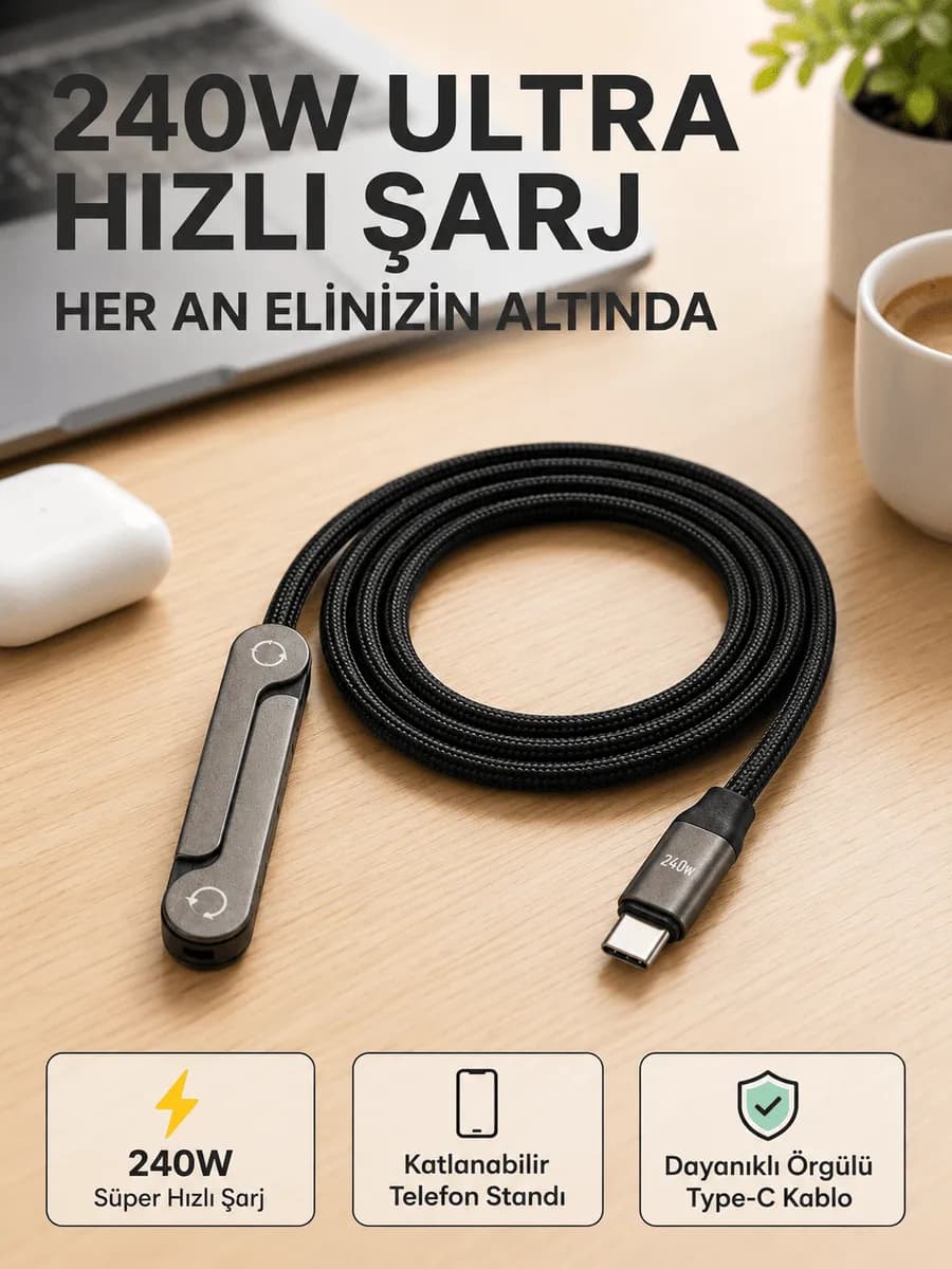 Örgülü 240W Type-C Katlanabilir Telefon Standlı Şarj Kablosu — fotoğraf 1