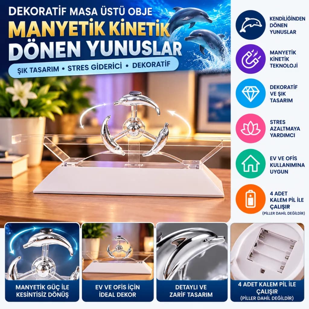 Dekoratif Masa Üstü Obje Manyetik Kinetik Orbital Dönen Yunuslar — fotoğraf 1