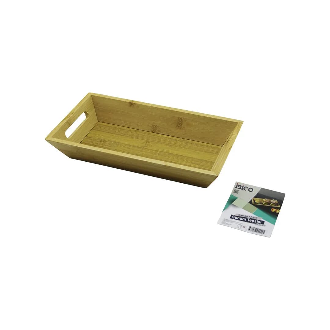 DİKDÖRTGEN=16X30CM DERİN=4.5CM Ahşap Bambu Sunum Tepsisi Çift Oyma Kulplu — fotoğraf 1