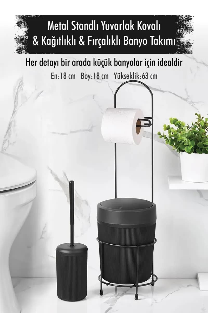 Metal Standlı Yuvarlak Kovalı & Kağıtlıklı & Fırçalıklı Siyah Banyo Takımı — fotoğraf 1