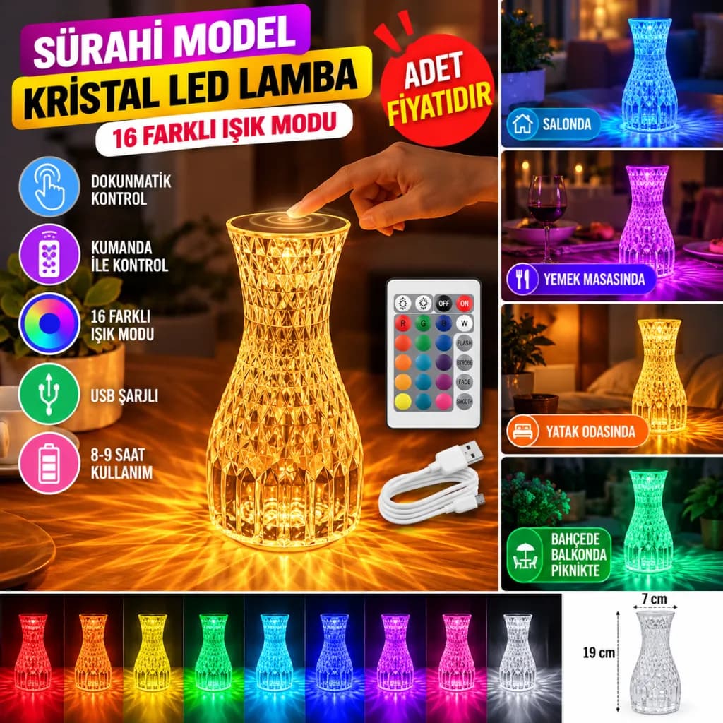 Sürahi Model USB Şarjlı Kumandalı 16 Farklı Işık Modlu Masa Üstü Kristal Akrilik Lamba Led — fotoğraf 1
