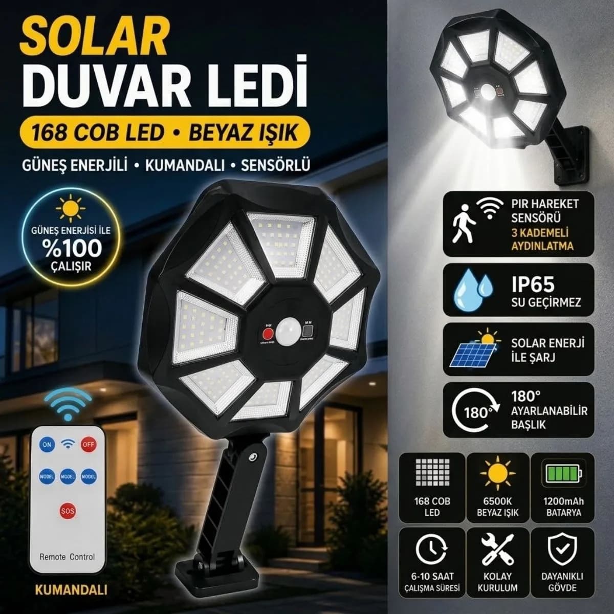 168B Solar LED Büyük Dış Mekân Lambası, Hareket Sensörlü, Kumandalı, 3 Modlu Parlak COB Işık, Kablosuz Duvar Apliği — fotoğraf 1