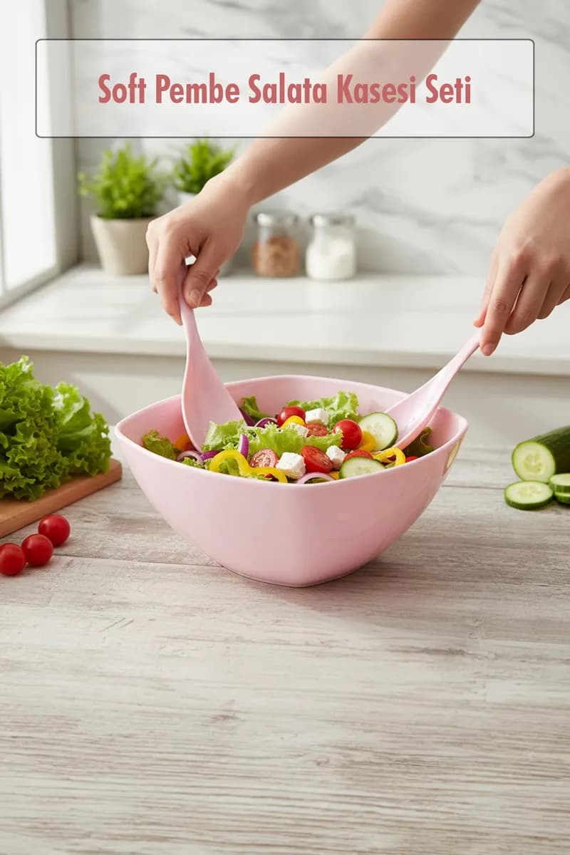 3,5 Lt Soft Pembe Akrilik Kare Salata ve Servis Kasesi Seti – 3 Parça — fotoğraf 1