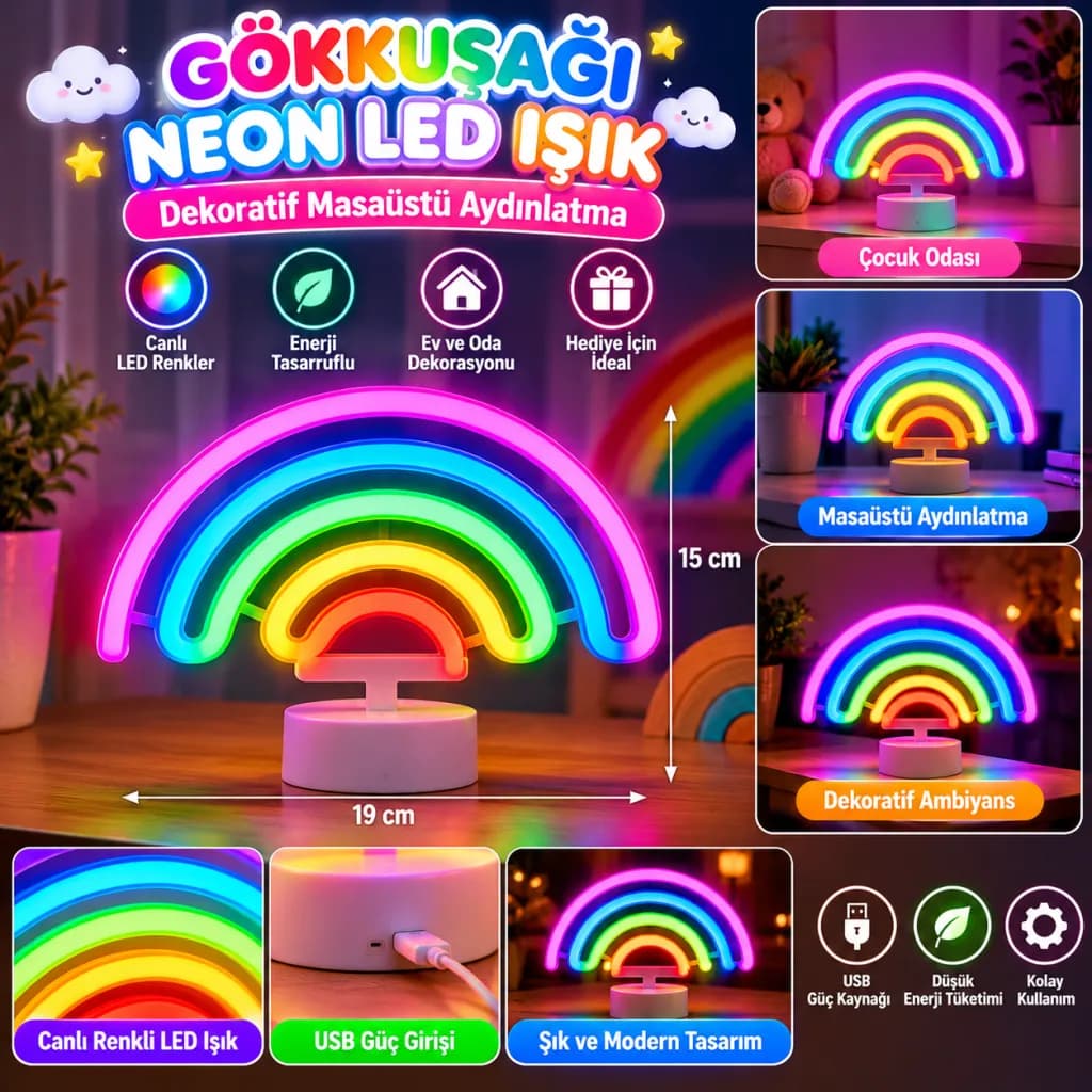 Plastik Gökkuşağı Neon LED Işık – Dekoratif Renkli Masaüstü ve Ambiyans Aydınlatması — fotoğraf 1