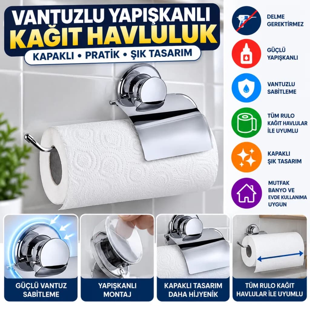 Vantuzlu Yapışkanlı Kağıt Havluluk Rulo Havlu Tutacağı Askısı — fotoğraf 1