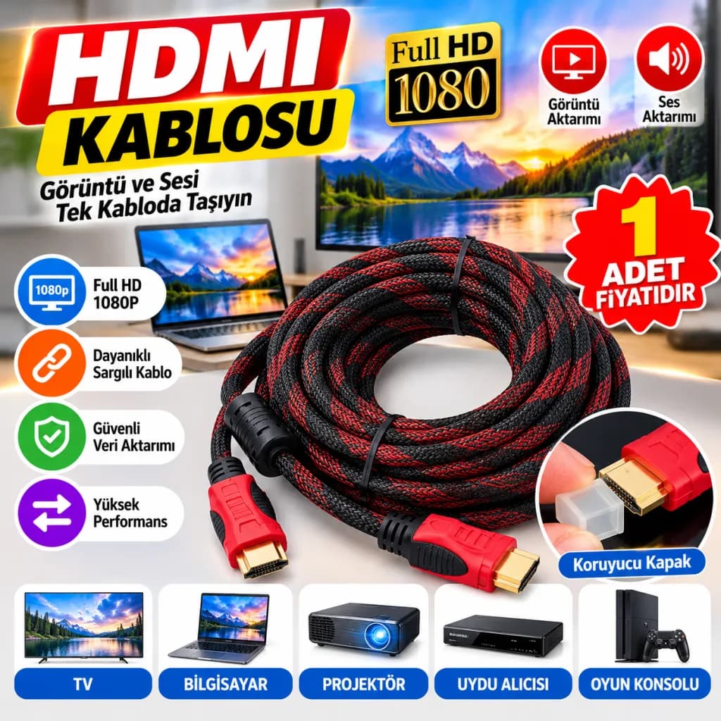 Sargılı HDMI Görüntü ve Ses Aktarma Kablosu — fotoğraf 1