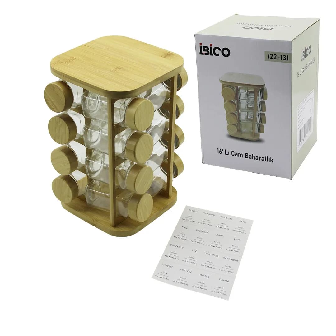 16PCS Kare - Döner Standlı Cam - Bambu Kapak Tuzluk - Baharatlık Bambu Stand — fotoğraf 1