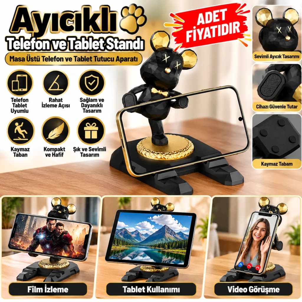 Ayıcıklı Telefon ve Tablet Standı Masa Üstü Telefon ve Tablet Tutucu Aparatı — fotoğraf 1