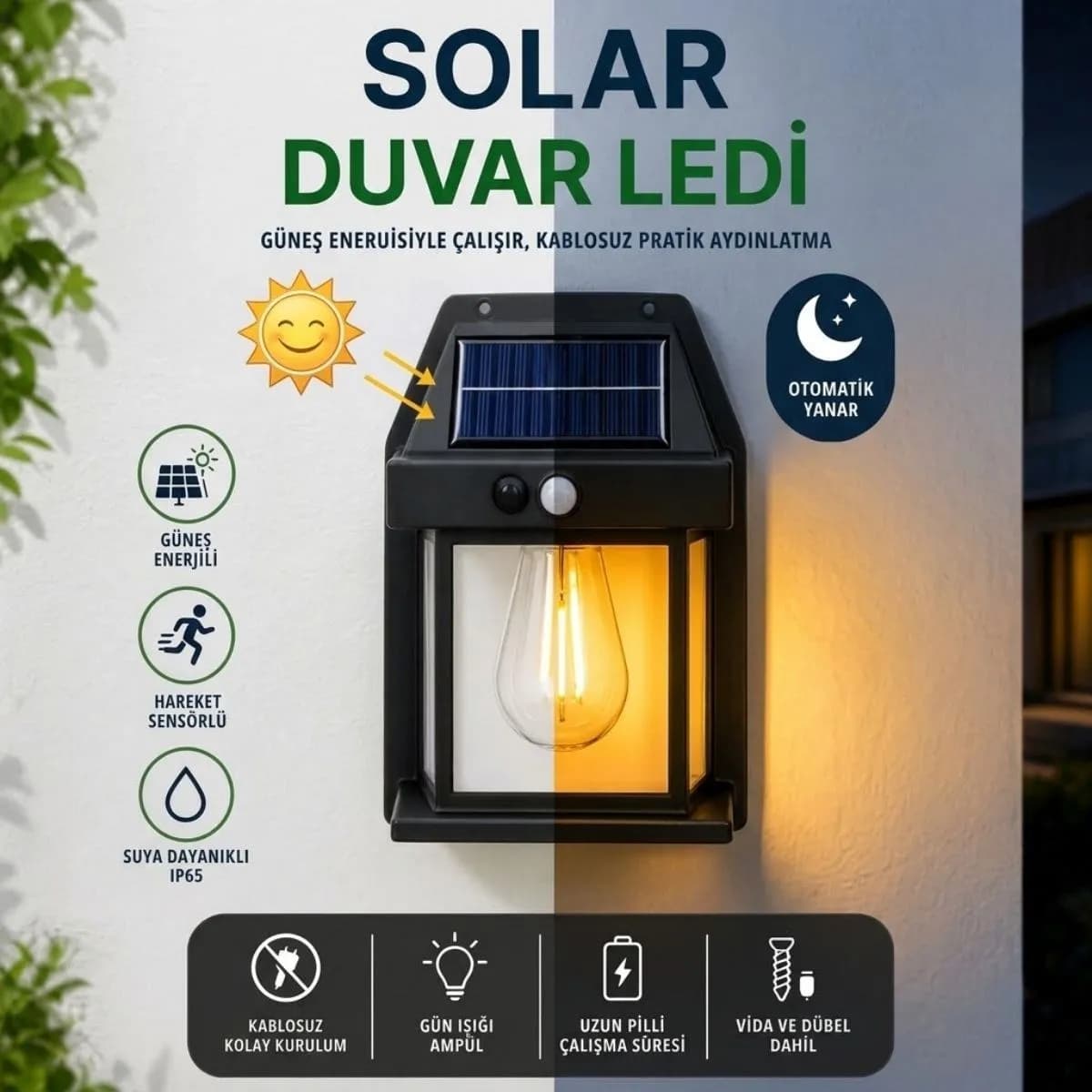 Ampul Model 3 Modlu Solar LED Duvar Lambası, Güneş Enerjili, Şarjlı Kablosuz Dış Mekân Apliği, Bahçe ve Kapı Lambası — fotoğraf 1