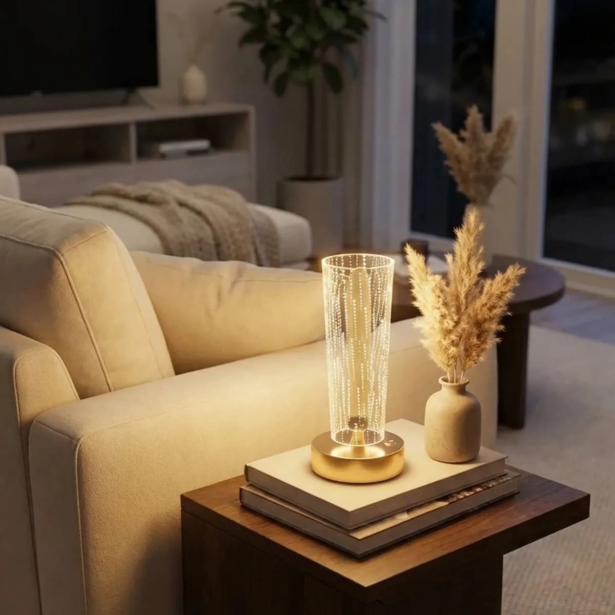 Silindirik Kristal Nokta Model LED Masa Lambası – Gold Tabanlı, Dokunmatik, 3 Renk Işık Modlu, Şarjlı Modern Dekoratif Gece Lambası — fotoğraf 1