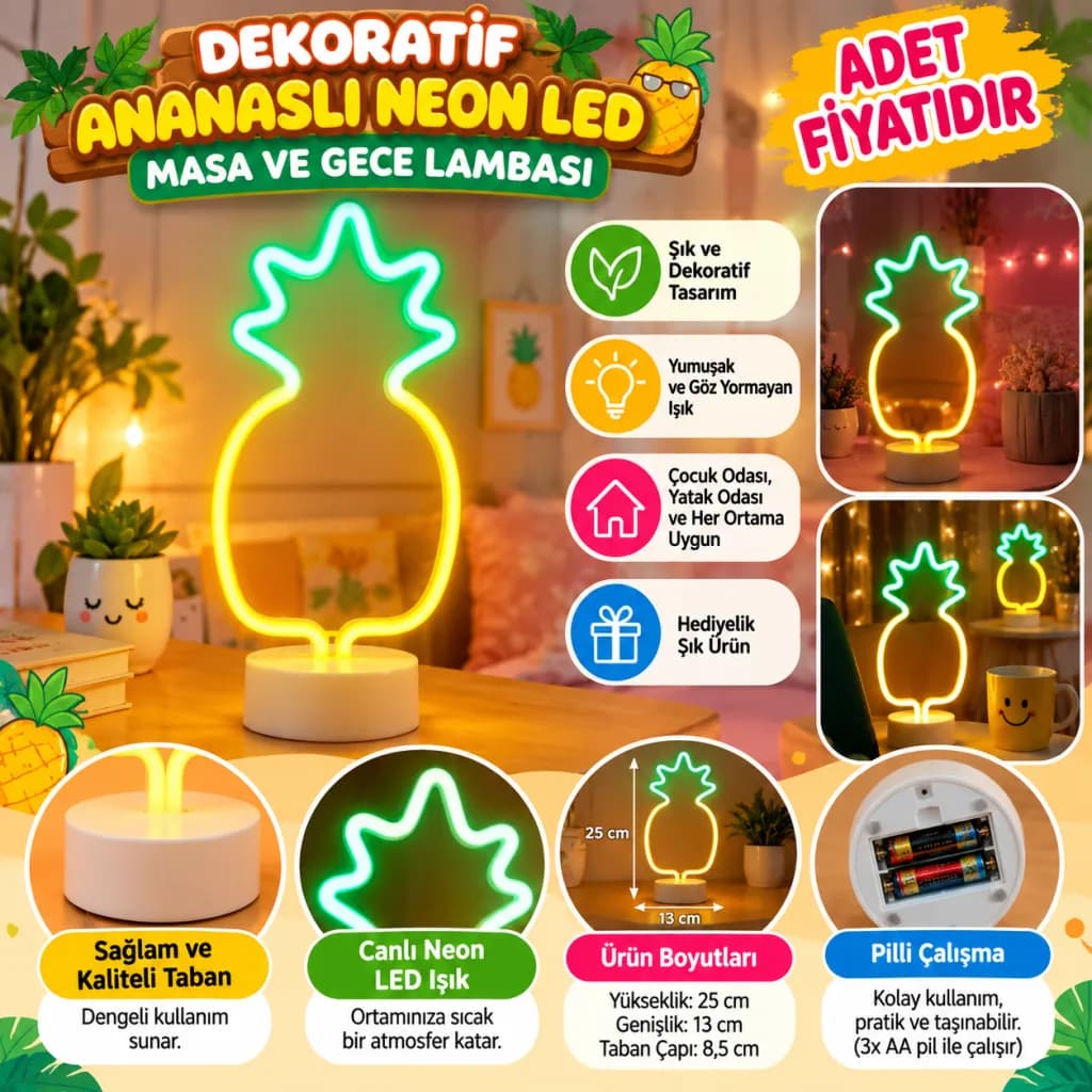 Dekoratif Ananaslı Neon Led Masa Ve Gece Lambası Hediyelik Lamba — fotoğraf 1