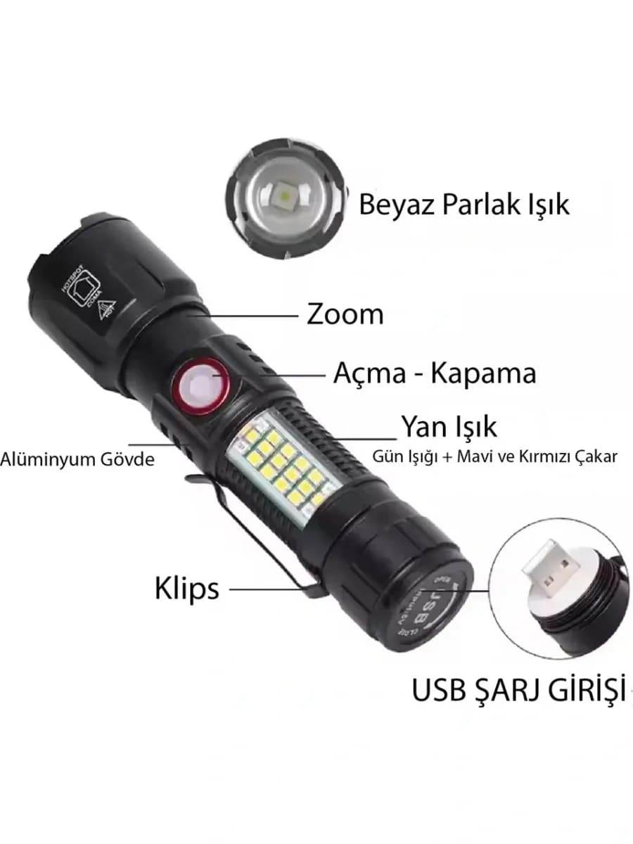 WS-2828 USB Şarjlı Kırmızı Mavi Çakarlı El Feneri — fotoğraf 1