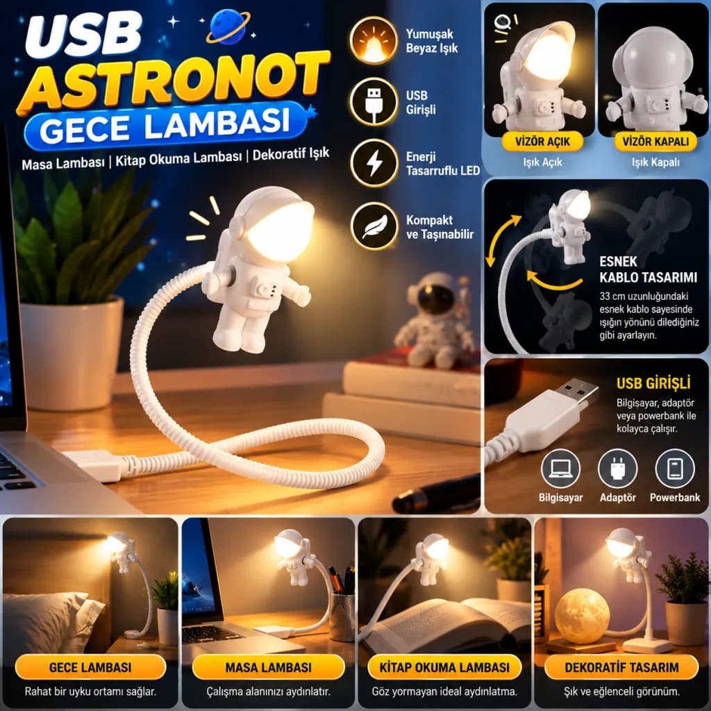 USB Astronot Gece Lambası, Masa Lambası, Kitap Okuma Lambası Işığı — fotoğraf 1