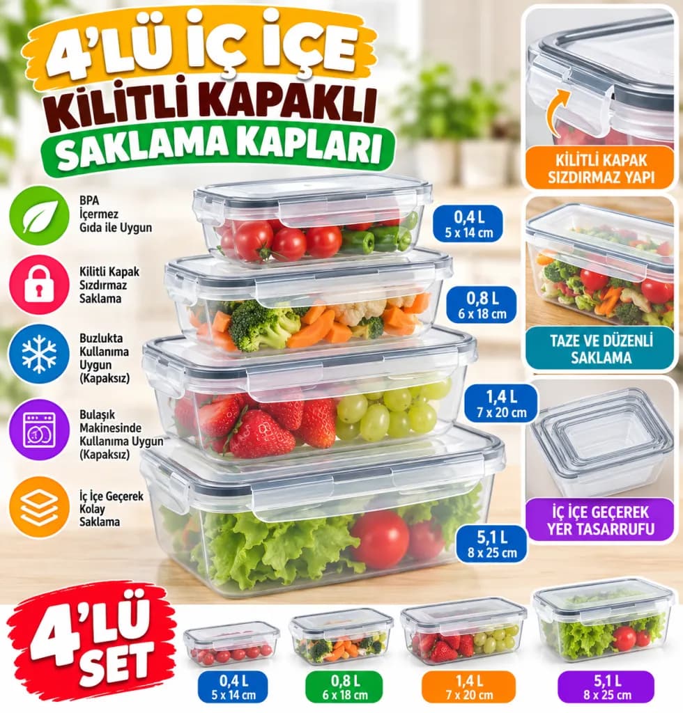 İç İçe Contalı Kilitli Kapaklı Plastik Erzak Saklama Kapları LC315 — fotoğraf 1