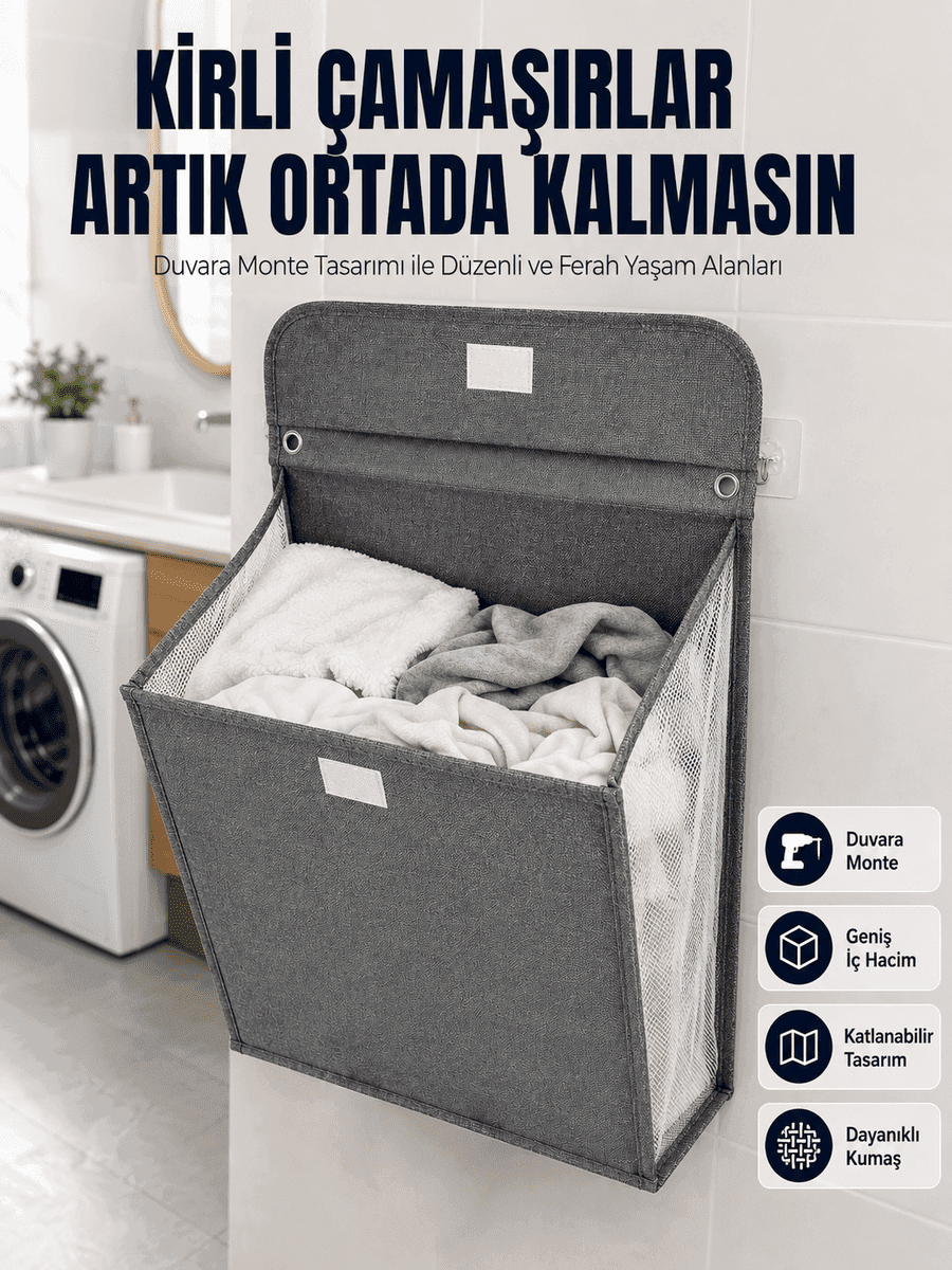 Banyo ve Çamaşır Odası için Duvara Asılan Katlanabilir Çamaşır Sepeti — fotoğraf 1