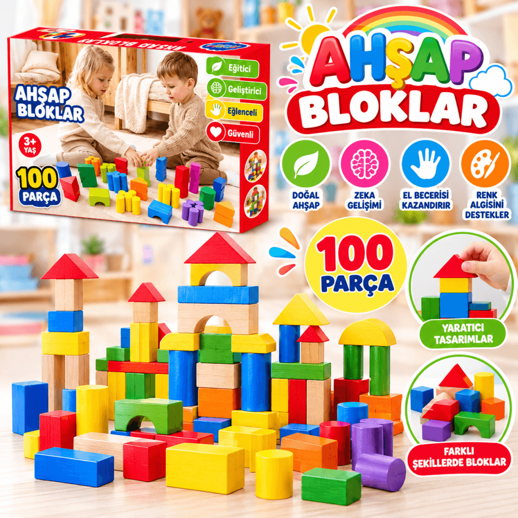 ONY-417 Renkli Ahşap Blok Seti, 100 Parça — fotoğraf 1