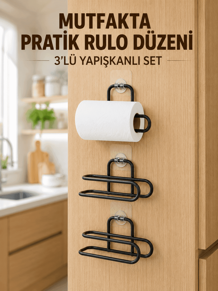 3'lü Yapışkanlı WC Kağıtlığı Siyah Rulo Tutucu Banyo ve Mutfak Kullanımı — fotoğraf 1